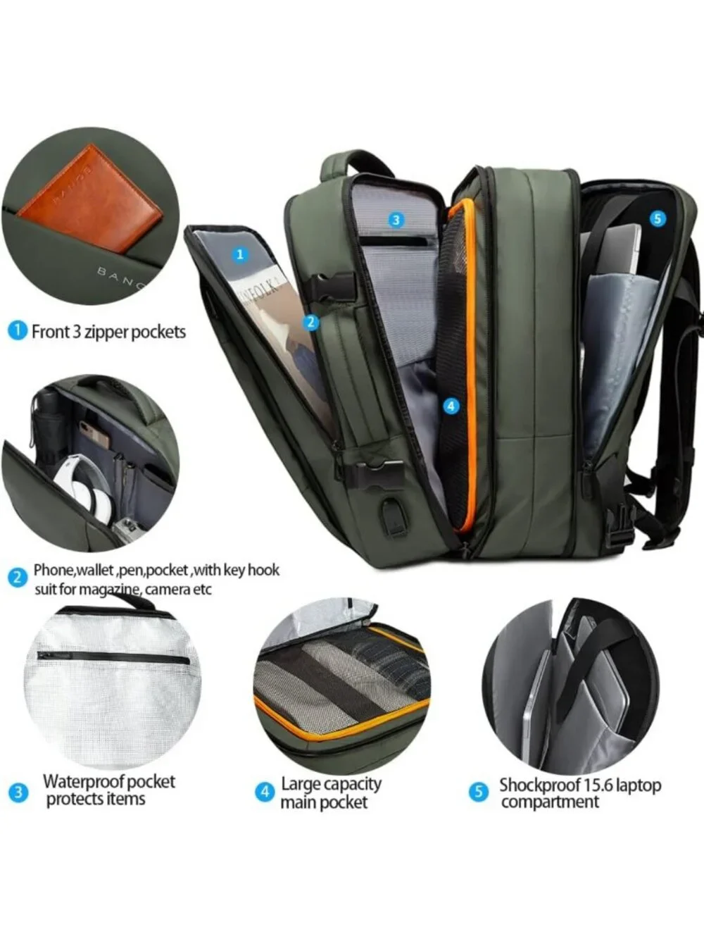Expandable 35L Travel Backpack - Waterproof Carry-On, Gym & Laptop Daypack
